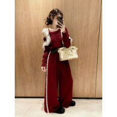 批发冬季穿搭一整套<b class='q'>大码</b>胖mm露肩针织上衣蕾丝阔腿裤独特高级感套装女