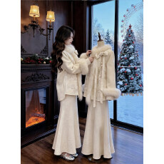 批发冬装搭配一整套大码<b class='q'>胖</b><b class='q'>mm</b>新中式提花毛领毛呢外套鱼尾裙巨好看套装