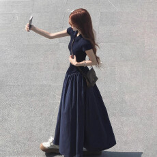 法式休闲polo领短袖t恤连衣裙女夏季大码胖mm巨好看掐腰显瘦长裙