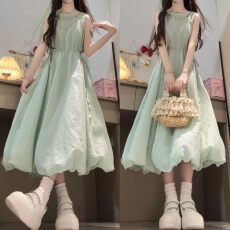 批发法式海边度假薄荷绿背心<b class='q'>连衣裙</b>女夏季<b class='q'>大码</b>胖mm多巴胺掐腰花苞长裙