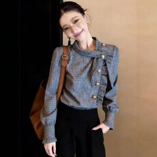 批发不对称长袖格纹<b class='q'>衬衫女</b>春季大码胖mm设计感独特通勤巨好看衬衣上衣
