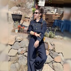 批发工装风深蓝色牛仔<b class='q'>连体裤女</b>春季大码胖mm高级复古高腰阔腿连衣裤子