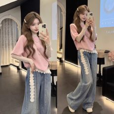 批发春季搭配一整套<b class='q'>大码</b>胖mm蕾丝打底衫毛衣牛仔裤甜美减龄三件套装女