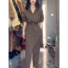 批发法式巨好看条纹<b class='q'>衬衫</b>连衣裙女春季2026新款高级气质收腰绑带长裙子