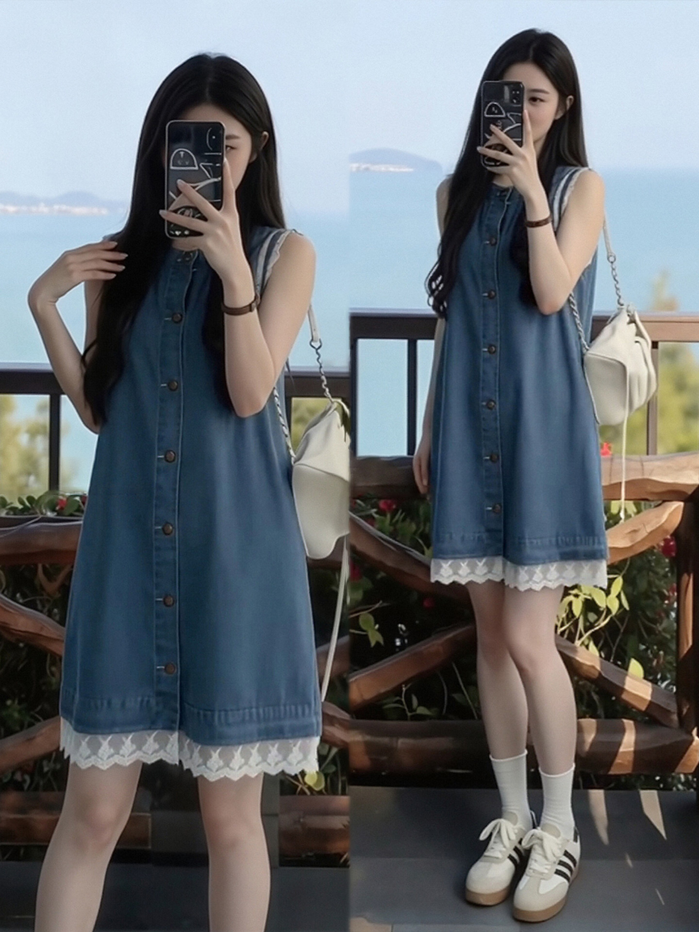 파란색 한 부서 부드러운 바람 레이스 레이스 패치워크 데님 여성 드레스 여름 새로운 슬림해 보이는 라운드 넥 조끼 스커트