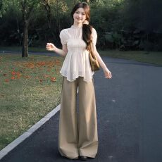 批发夏季搭配一整套<b class='q'>大码</b>胖mm雪纺短袖衬衫阔腿裤韩系超火两件套装女