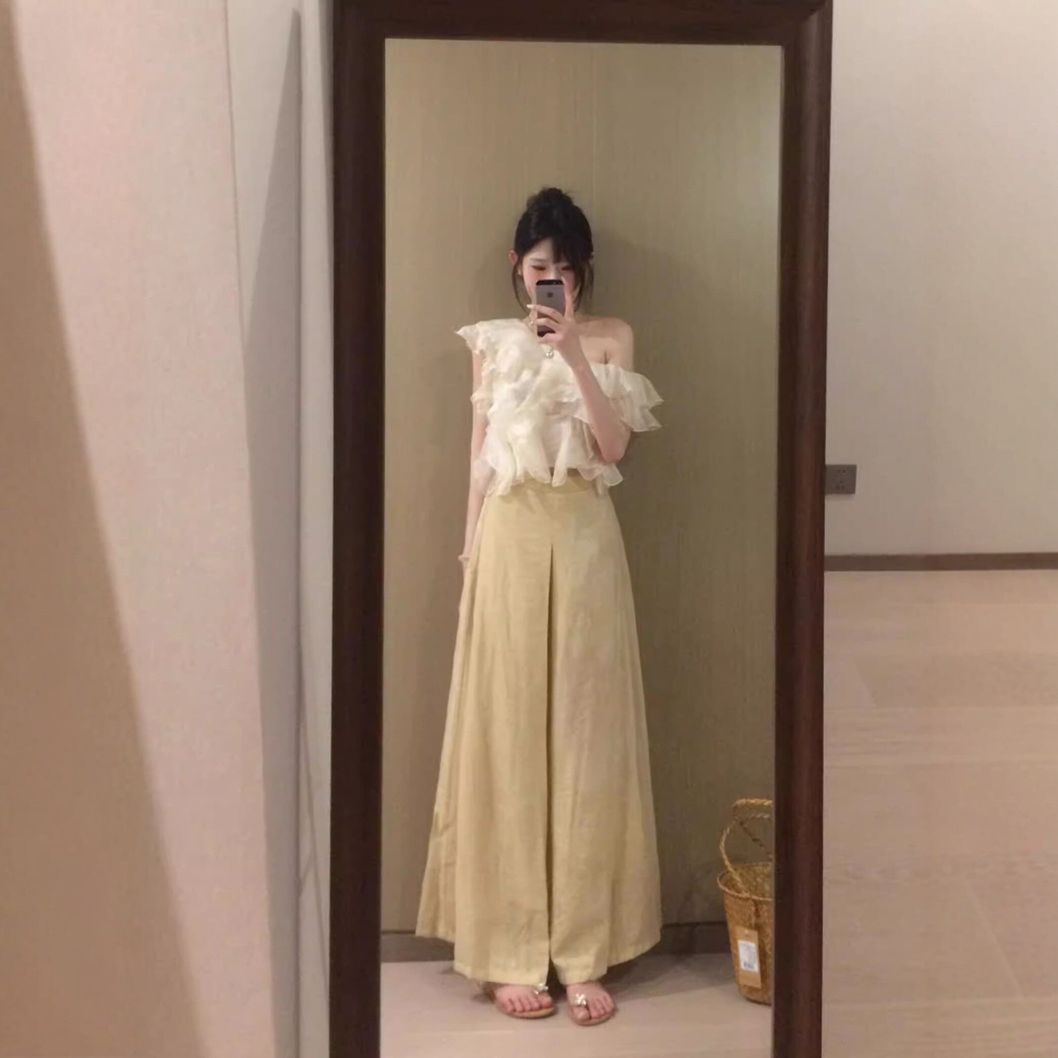 여름 착용 가져 가라. 전체 집합 빅 사이즈 프릴 오프숄더 맨위 와이드 레그 팬츠 어린이 한 부서 연령 감소 느슨함 센스 세트 여성
