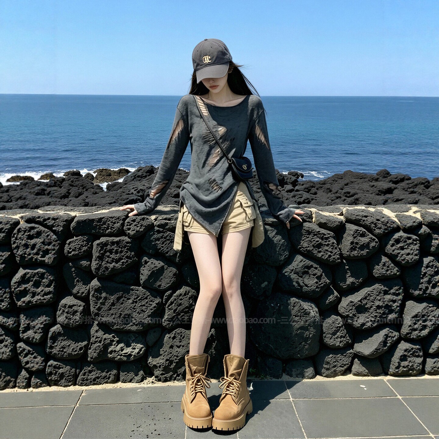 여름 코디 전체 집합 빅 사이즈 지방 mm 불규칙 찢어진 부분 맨위 워크웨어 반바지 순수한 욕망 바람 핫걸 세트 여성