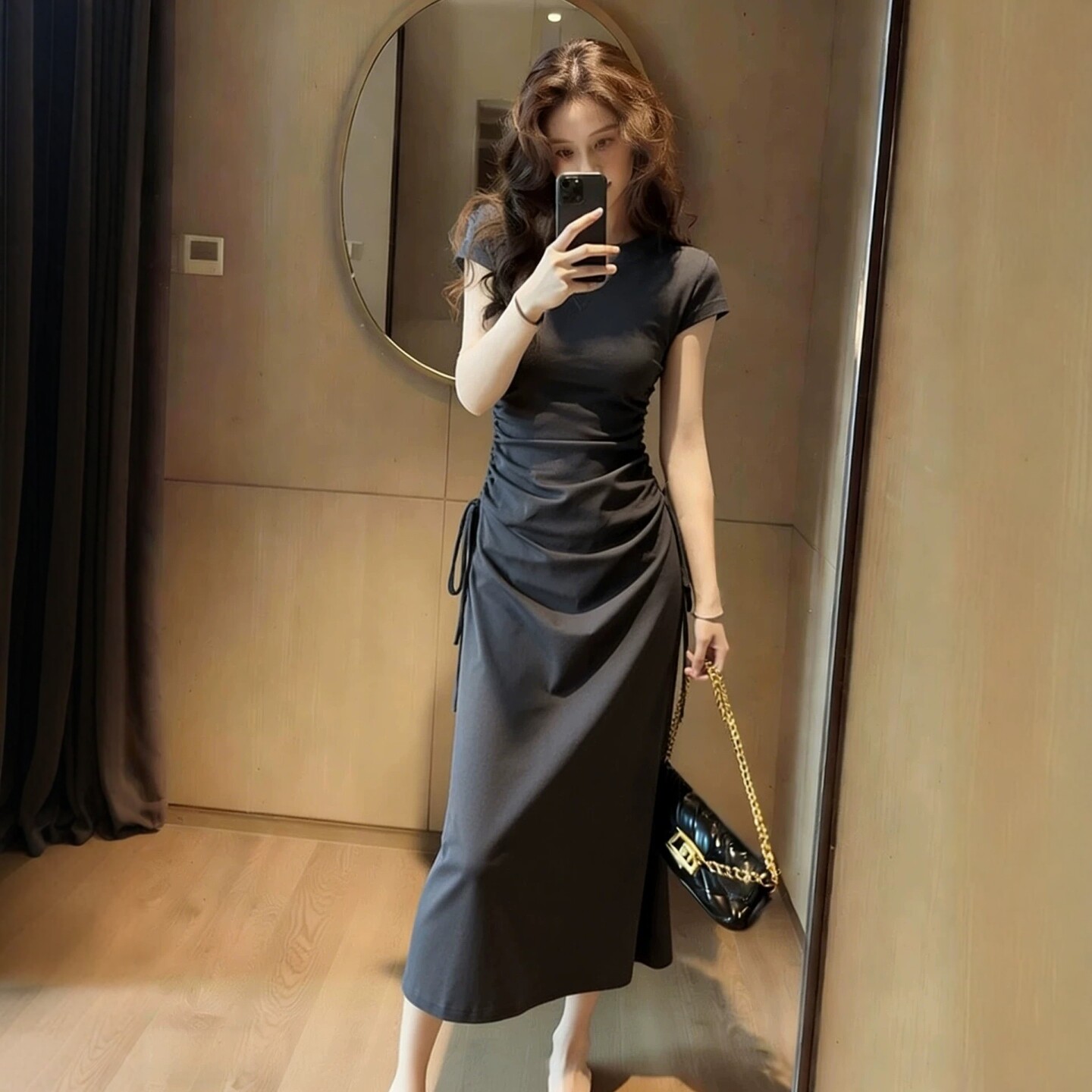 여름 고유 한 꼬집기 허리 캐주얼 빛 요리 한 바람 어두운 회색 롱 스커트 단색 미니멀리즘 품격 몸매 가꾸기 허리 수축 드레스 여성 의류