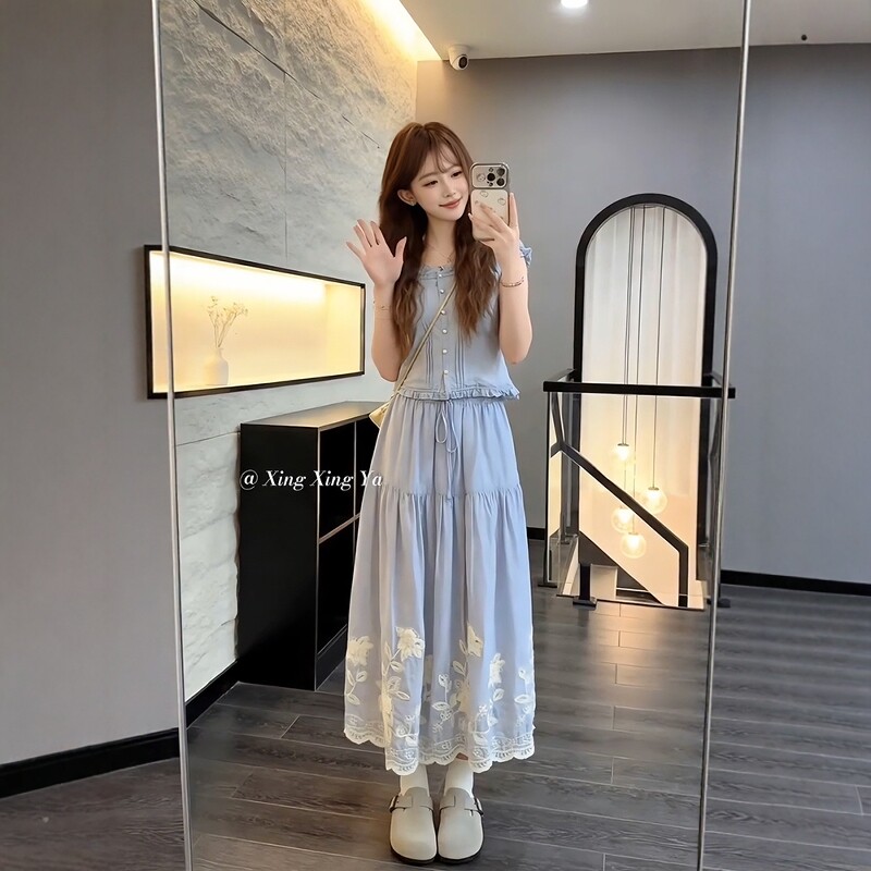 여름 슈퍼 화재 전체 집합 지방 mm 한 부서 새로운 거품 소매 맨위 자수 반신 스커트 고유 한 잘 생긴 세트 여성