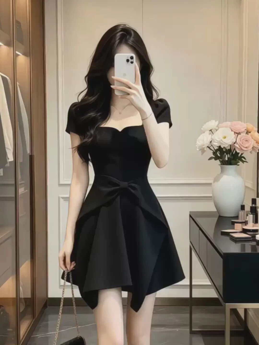 프랑스식 고급 센스 품격 검정색 광장 칼라 반팔 여성 드레스 여름 새로운 특별 아름다운 꼬집기 허리 작은 치마