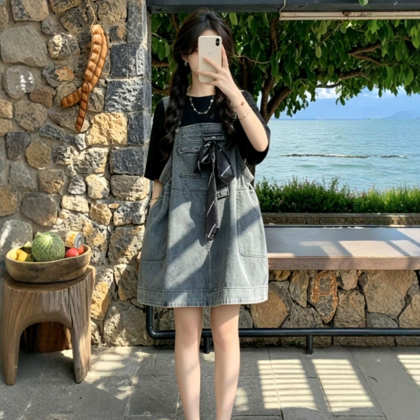 여름 코디 전체 집합 빅 사이즈 지방 mm 블랙 티셔츠 데님 멜빵 드레스 한 부서 슈퍼 화재 연령 감소 세트 여성