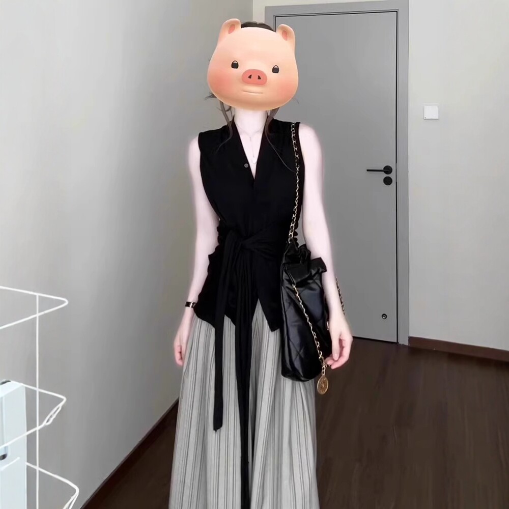 여름 ootd 착용 가져 가라. 전체 집합 빅 사이즈 지방 mm 고급 센스 오래된 돈 바람 민소매 스트랩 맨위 와이드 레그 팬츠 세트