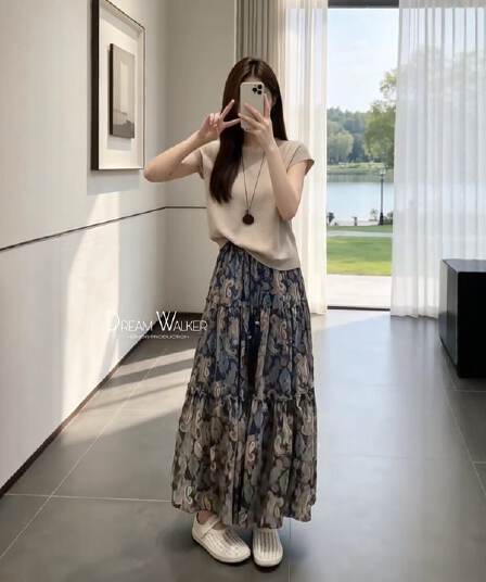한 부서 전체 집합 ootd 착용 가져 가라. 한 부서 품격 고급 센스 반팔 니트 맨위 꽃무늬 반신 치마 세트 여성
