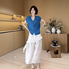 批发夏季穿搭一整套<b class='q'>大码</b>胖mm蓝色针织衫屁帘阔腿裤独特高级两件套装女