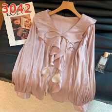 批发淡人粉色法式V领荷叶边设计感轻奢风长袖衬衫上衣女2025秋季