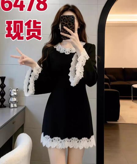 바람 레이스 조각 라운드 넥 여성 드레스 가을 겨울 A라인 스커트