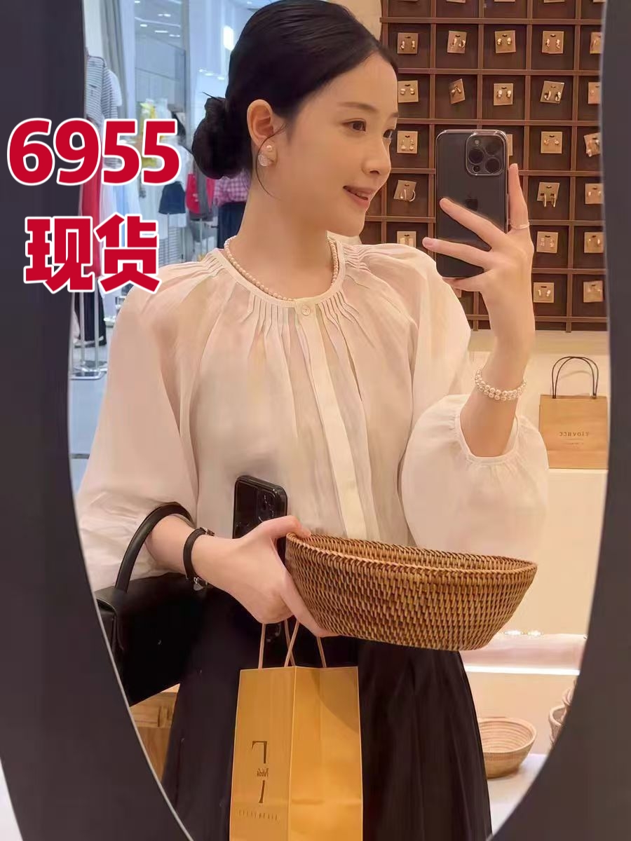 화이트 여성 셔츠 여름 벌룬 소매 얇은 스타일 라운드 넥 맨위