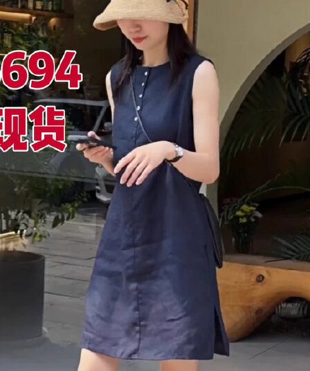 라운드 넥 민소매 조끼 여성 드레스 2026 여름 새로운 스트레이트 아마 치마