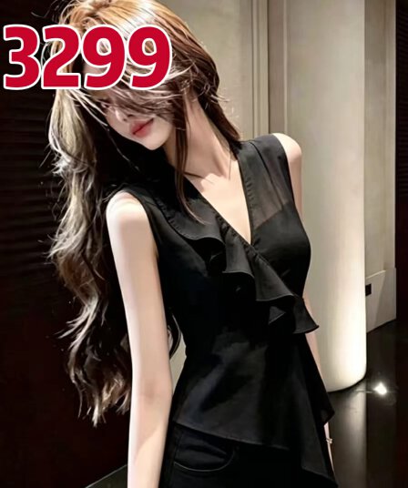 검정색 프릴 V넥 민소매 조끼 여성 셔츠 여름 셔츠