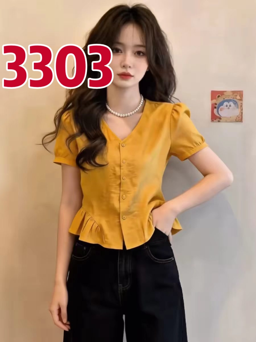 황색 거품 소매 V넥 반팔 여성 셔츠 여름 작은 셔츠 맨위