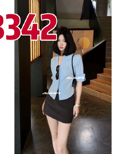 셔츠 길다 플러시 면 맞춤 니스 어두운 문 襟 중간 소매 V넥 허리 수축 셔츠