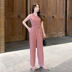 批发实拍2026夏季新款印花高腰显瘦系腰带连体裤韩版气质阔腿裤