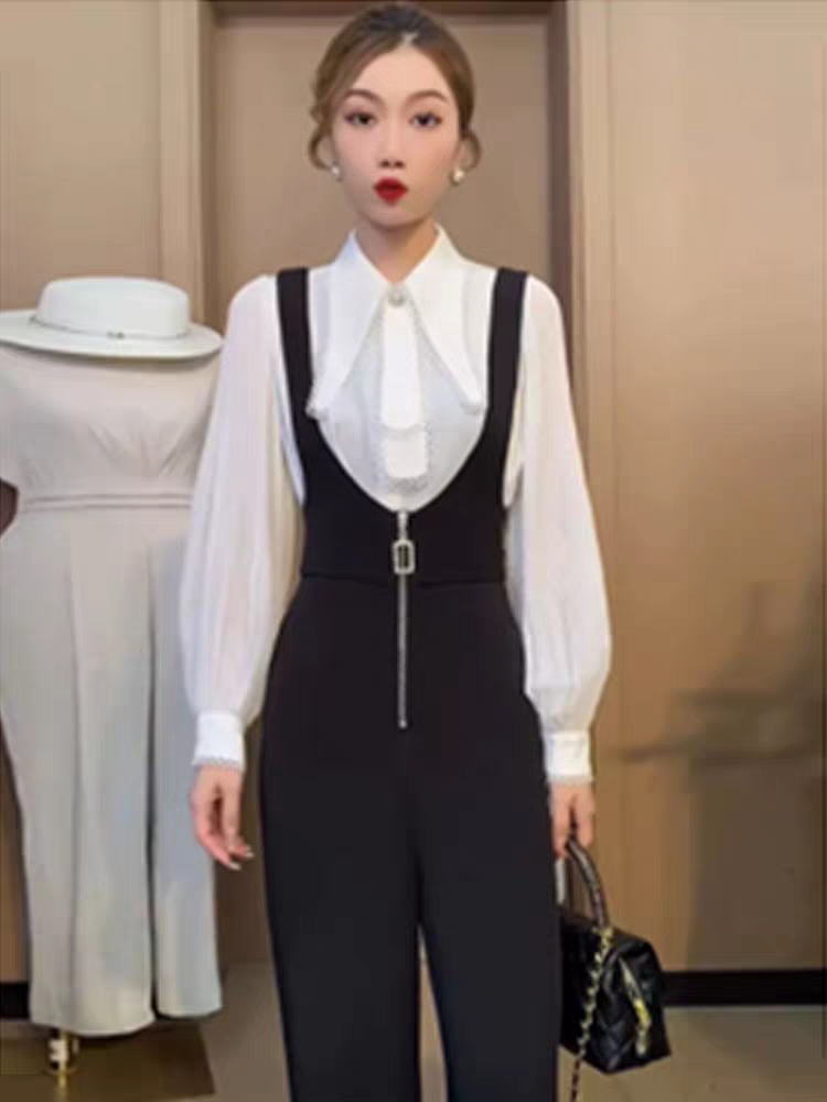 2026 숙련 된 품격 명문 여성 올인원 멜빵 바지 여성 가을 의상 새로운 넓은 다리 멜빵