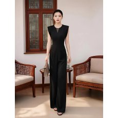批发高级感优雅时尚轻奢黑色无袖<b class='q'>连体</b>裤女2026夏季新款V领收腰阔腿裤