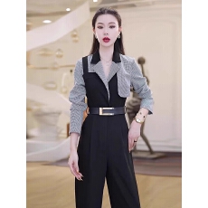 批发2026秋季新款气质连衣裤<b class='q'>女</b>高级感时尚千鸟格子拼接直筒<b class='q'>连体裤</b>