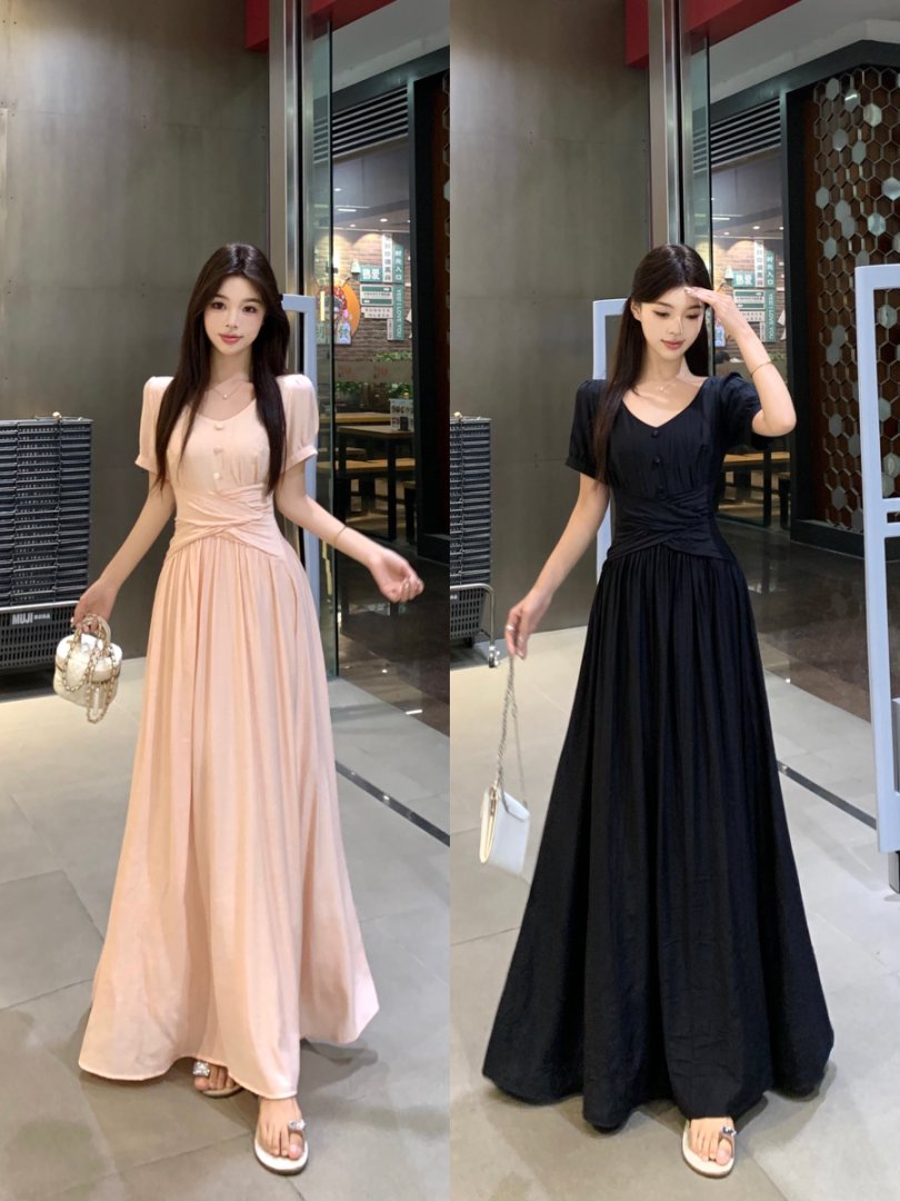 MY7535# 大码法式气质v领短袖连衣裙女夏季新款温柔风收腰显瘦a字长裙女裝貨源服裝批發