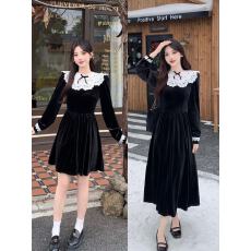 批发实拍大码千金风蕾丝拼接丝绒加绒<b class='q'>连衣裙</b>收腰长袖小黑裙生日礼裙