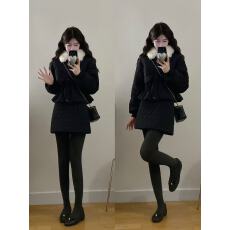 批发实拍大码菱格毛领短款时尚韩版加厚棉服收腰外套+<b class='q'>半身裙</b>两件套装
