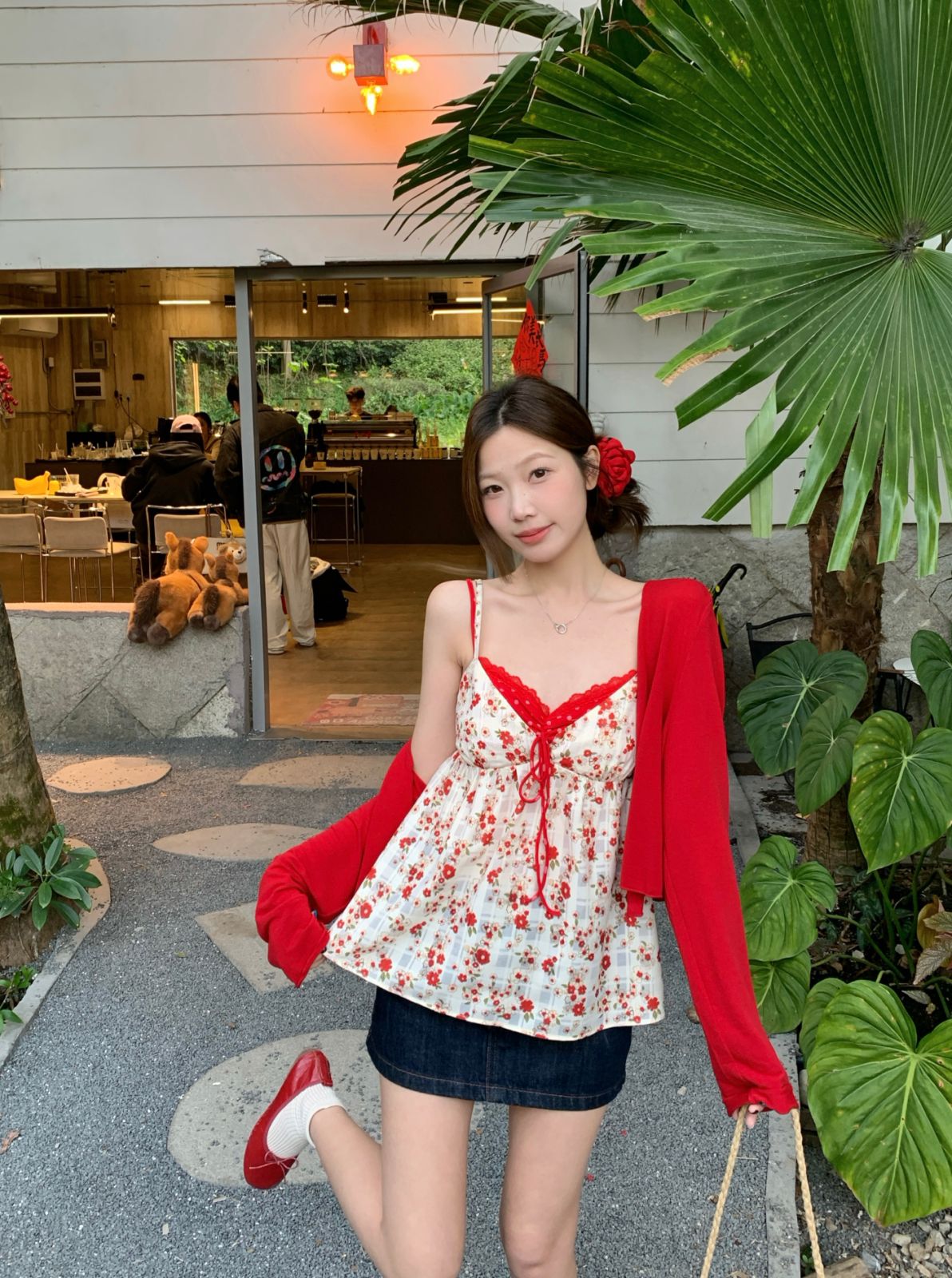 RY2143# 实拍大码法式辣妹复古假两件v领蕾丝吊带背心开衫两件套