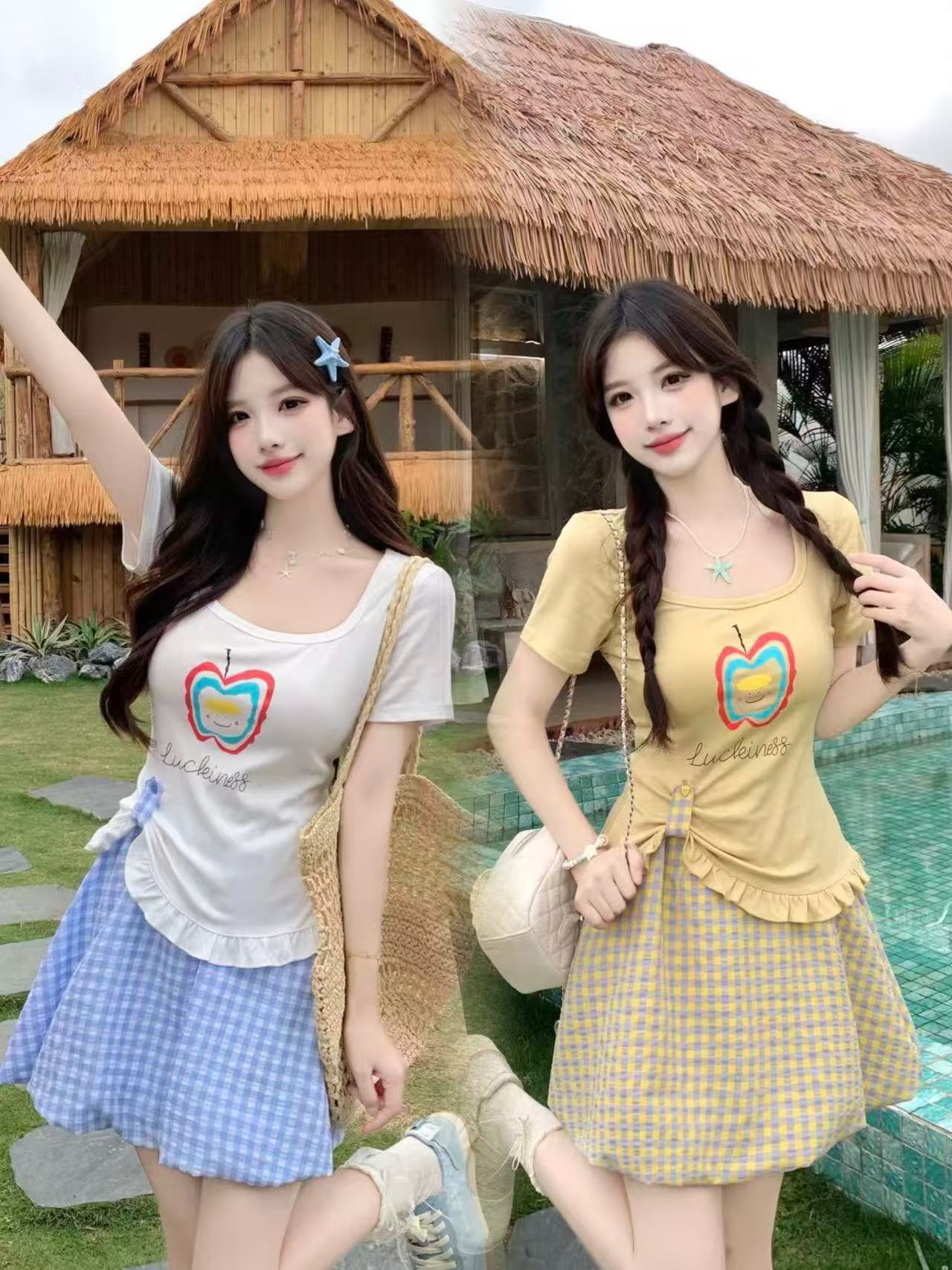 실사 빅 사이즈 허리 수축 프린트 반팔 티셔츠 여성 여름 지방 mm 슬림해 보이는 표지 넓적 다리 체크무늬 꽃밭 치마 투피스 세트