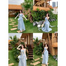 批发<b class='q'>实拍</b><b class='q'>大码</b>蓝色拼接吊带连衣裙夏季新款流行收腰显瘦气质长裙+开衫