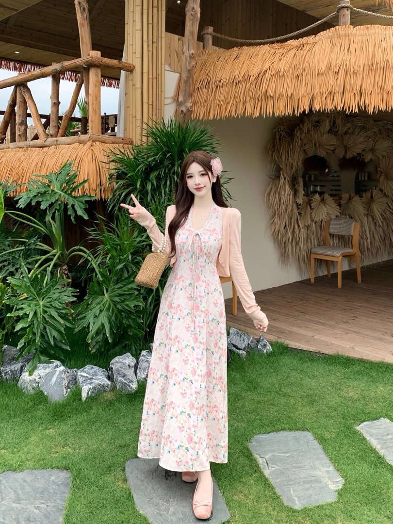 실사 빅 사이즈 여성 의류 지방 mm 한 부서 슬림해 보이는 낭만주의 휴가 행침 목 V넥 꽃무늬 행침 꽃과 함께 드레스 오픈 가디건