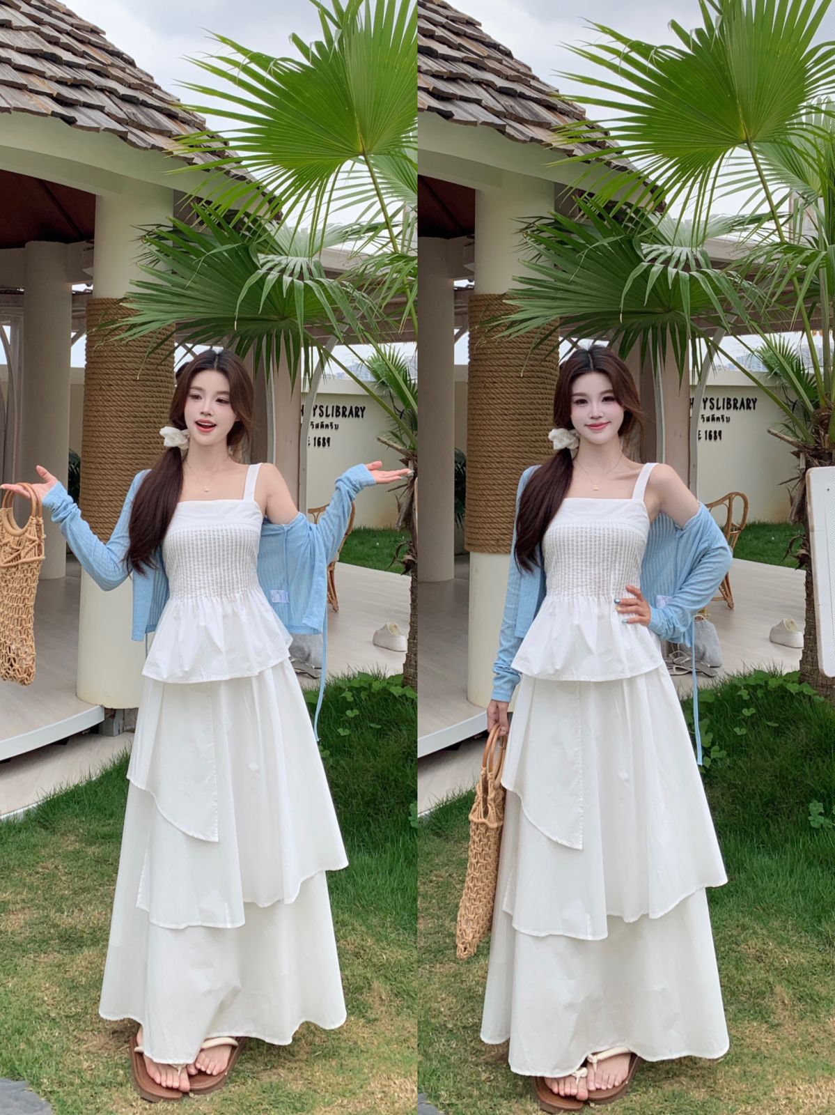 실사 빅 사이즈 여성 의류 여름 한 부서 신선함 화이트 슬립 케이크 드레스 오픈 가디건 3종 세트 통통한 여동생 슬림해 보이는 표지 고기