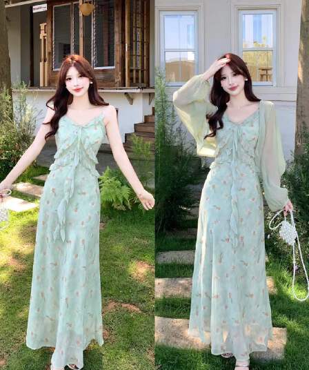 실사 빅 사이즈 휴가 바람 프릴 꽃무늬 슬립 드레스 배트윙 소매 오픈 가디건 두 조각 여성 세트 여름 롱 스커트