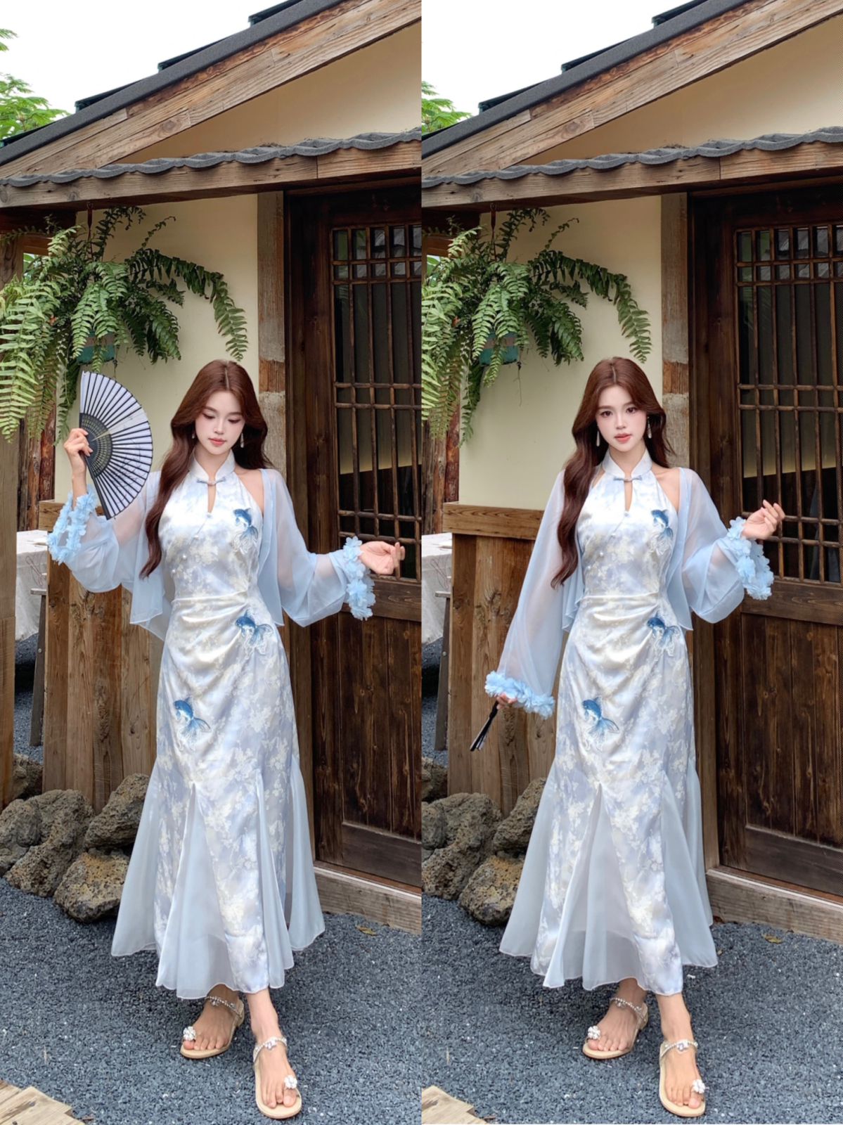 실사 빅 사이즈 비하이 수영하다 규모 감기 품격 치파오 새로운 중식 헤일로 염색 프린트 암퇘지 빛 실 개선 인어 꼬리 스커트