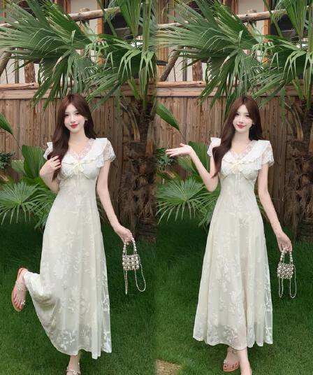 실사 빅 사이즈 프랑스식 부드러운 바람 V넥 허리 수축 슬림해 보이는 드레스 프릴 아름다운 요정 롱 스커트 2026 여름