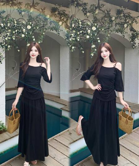 실사 지방 mm 여름 패션 비스듬한 칼라 오프숄더 슬립 반팔 티셔츠 여성 슬림해 보이는 표지 고기 맨위 반신 치마 세트