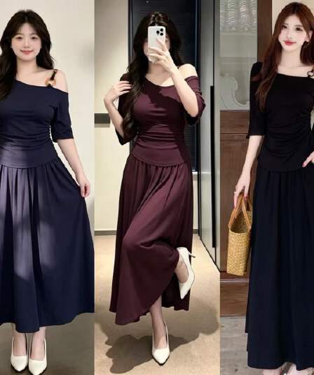실사 지방 mm 여름 패션 비스듬한 칼라 오프숄더 슬립 반팔 티셔츠 여성 슬림해 보이는 표지 고기 맨위 반신 치마 세트