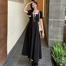 批发大码女装法式正肩方领短袖显白连衣<b class='q'>裙</b>夏季显瘦收腰遮肉减龄长<b class='q'>裙</b>子