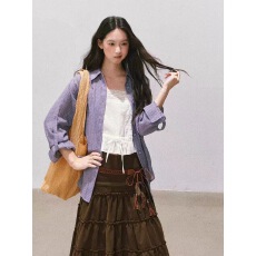 批发紫色格纹长袖微透轻薄款百搭防晒衬衫