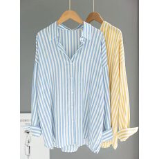 批发出口外贸高端女装韩版宽松休闲蓝色条纹衬衫女清新减龄防晒外套潮