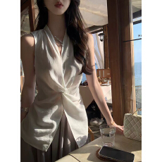 批发领纽结无袖背心<b class='q'>衬衫</b>女夏外穿修身亚麻小衫上衣