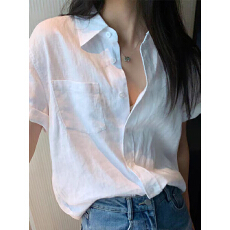 批发超好看<b class='q'>白色</b>亚麻短袖<b class='q'>衬衫</b>女夏设计感小众宽松显瘦休闲百搭法式<b class='q'>衬衣</b>