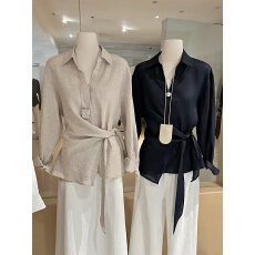 批发亚麻<b class='q'>衬衫</b>女设计感不规则系带收腰法式老钱风松弛气质长袖宽松上衣