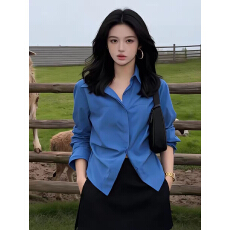 批发克莱因蓝衬衫女长袖春秋季叠穿内搭打底衬衣法式掐腰<b class='q'>修身</b>收腰上衣